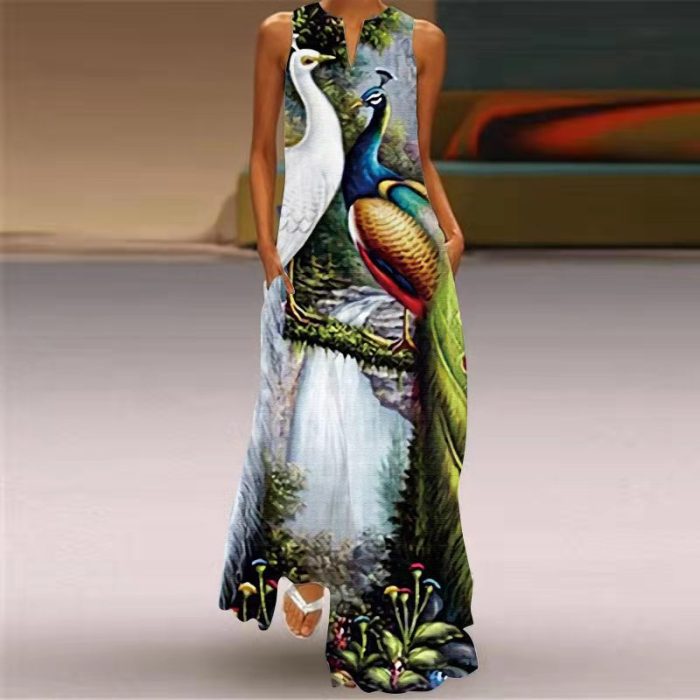 Fashion Sleeveless V Neck Printed Party Swing Maxi Dress