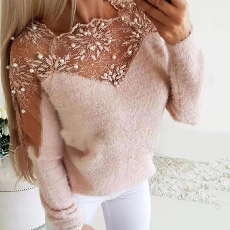 Ruffle Neck Solid Puffy Crochet Lace Jacquard Sweater