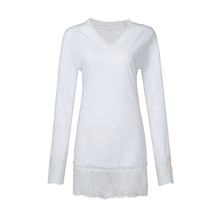 Fashion Elegant V Neck Lace Solid Color Long Sleeve Casual Loose  T-Shirts