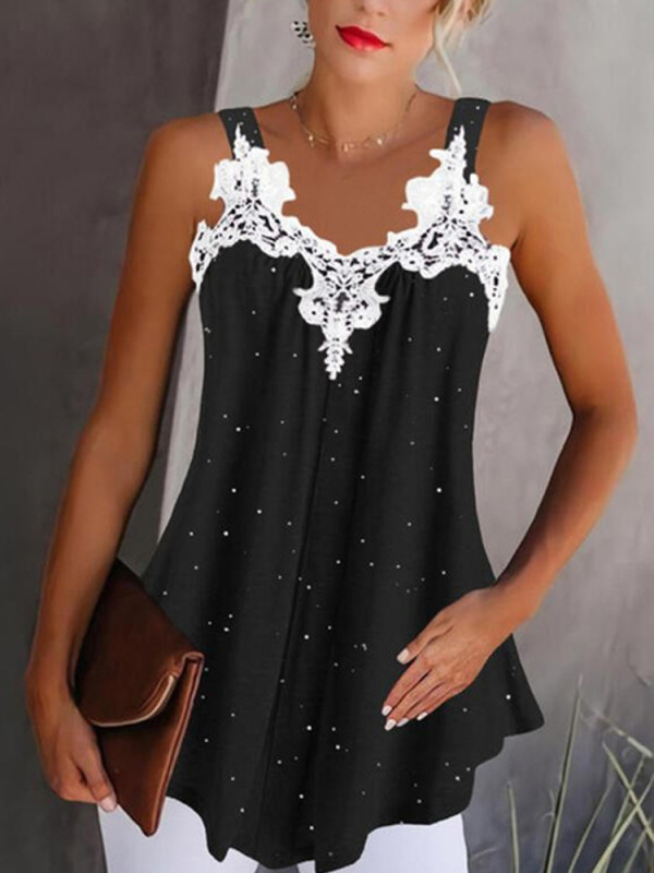 Fashion Lace V Neck Solid Color Sleeveless Elegant Casual Blouse