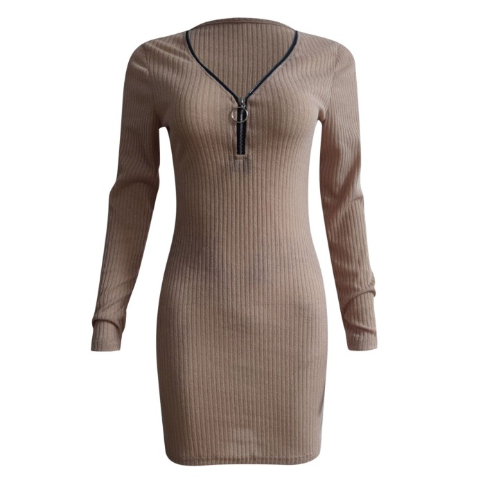 Fashion Casual Solid Color Zipper V Neck Long Sleeves Slim Party Sweater Dress