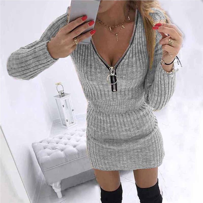 Fashion Casual Solid Color Zipper V Neck Long Sleeves Slim Party Sweater Dress