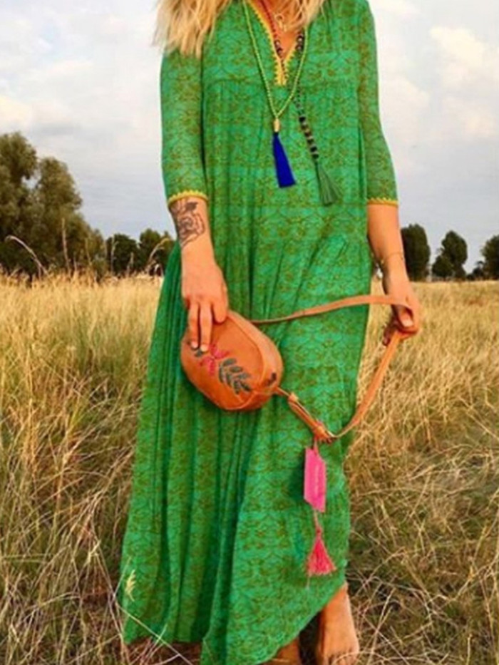 Trendy Vintage V Neck Long Sleeve Casual Bohemian Print A-Line  Maxi Dress