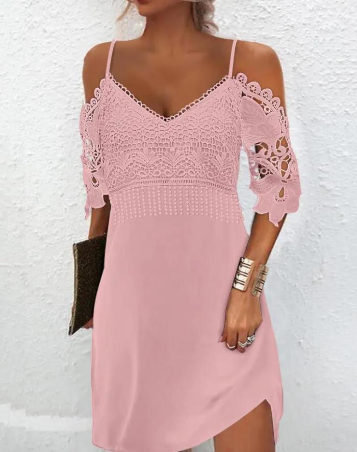 Fashion Contrasting Lace Off Shoulder Casual Half Sleeve Mini Dress