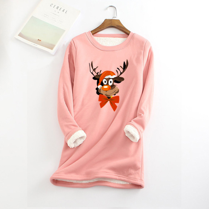 Women's Padded Fleece Top Christmas Print O Neck Sweatshirt