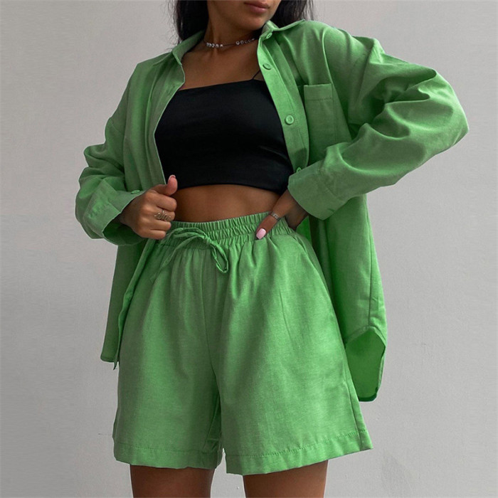 Casual Solid Color Fashion Shirt Top And Mini Shorts Two-piece Outfits