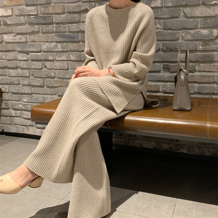 Fashion Knitted Sportswear Thick Warm Loose Wide Leg Pants Two-piece Outfits