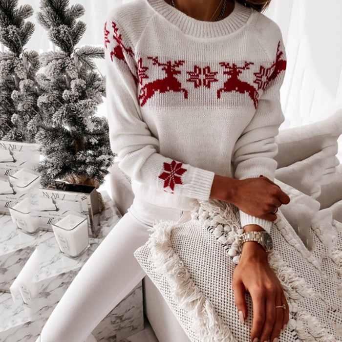 Women's O-Neck Christmas Print Loose Sweater