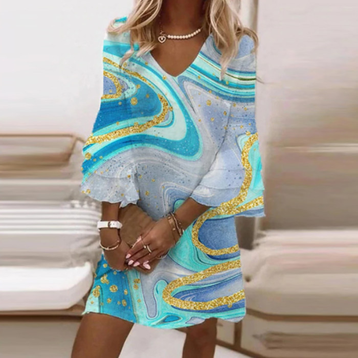 Fashion Stone Print Elegant V Neck Bell Sleeve A-Line Boho Mini Dress