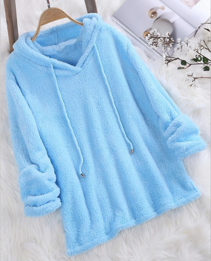 Fashion Solid Color Long Sleeve Plush Loose Hoodie Top