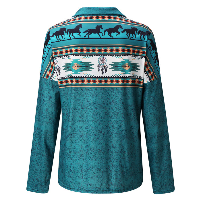 Fashion Loose V Neck Zipper Ethnic Print Long Sleeve Casual Sweatshirts