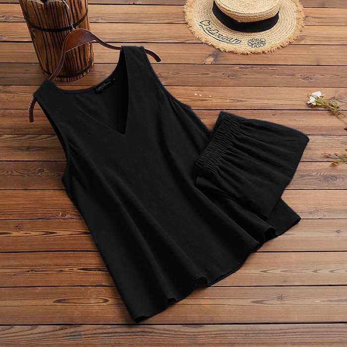 Fashion Solid Color Sleeveless Casual Loose Cotton  Two-piece Outfits Homewear