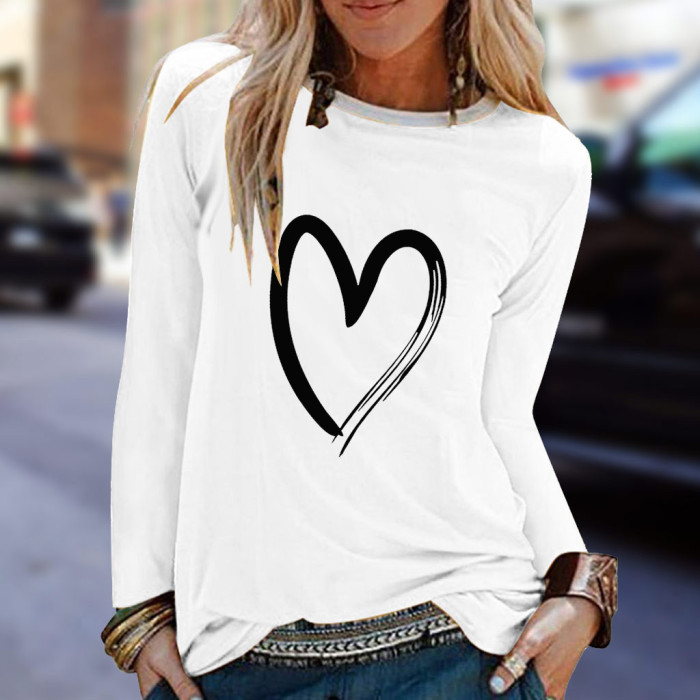 Print Long Sleeve Loose Casual Round Neck T-Shirt