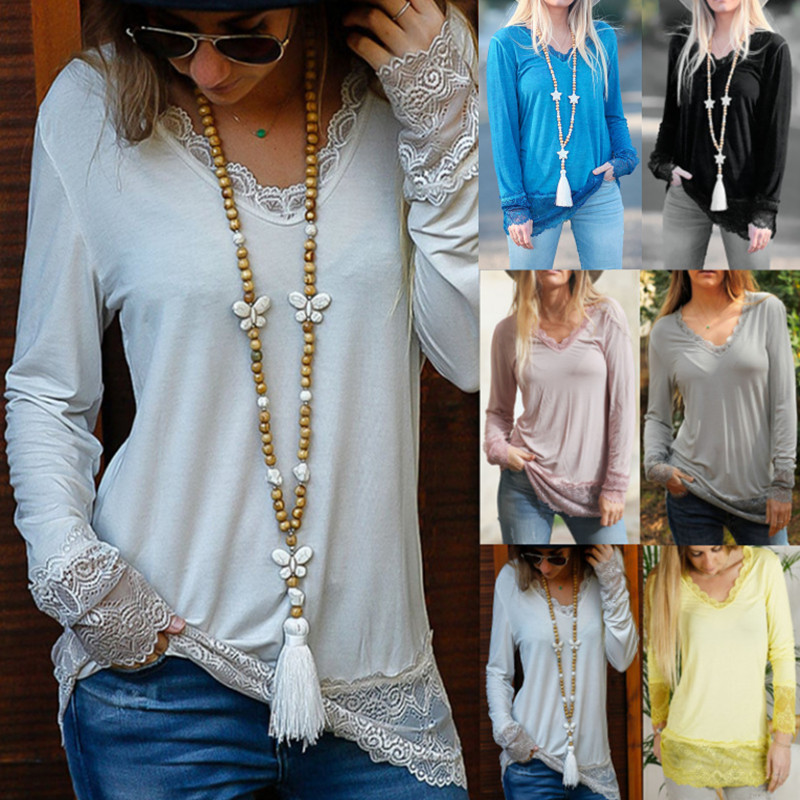 Fashion Elegant V Neck Lace Solid Color Long Sleeve Casual Loose  T-Shirts