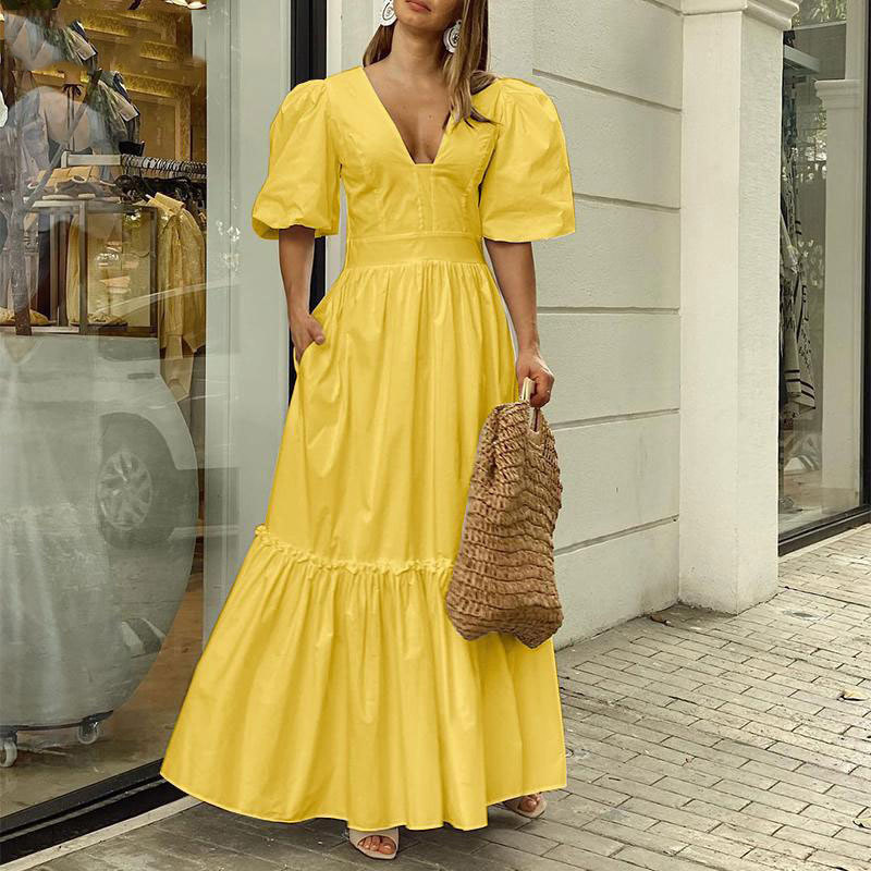 Elegant Pleated Balloon Sleeve Maxi Dress