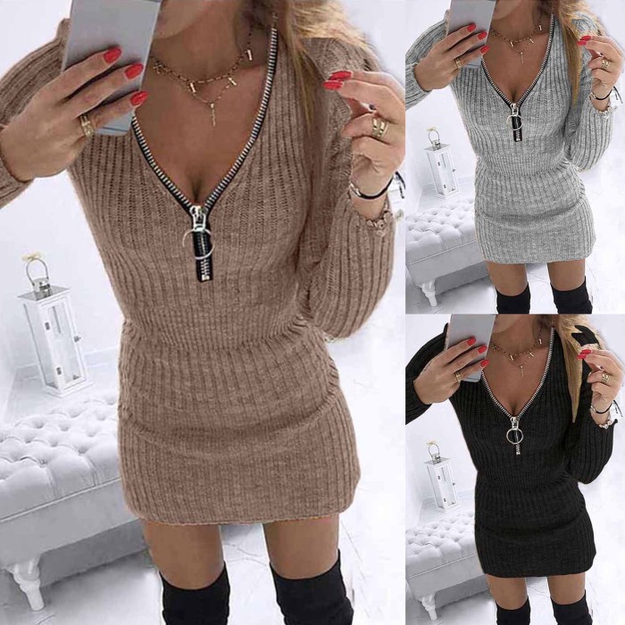 Fashion Casual Solid Color Zipper V Neck Long Sleeves Slim Party Sweater Dress
