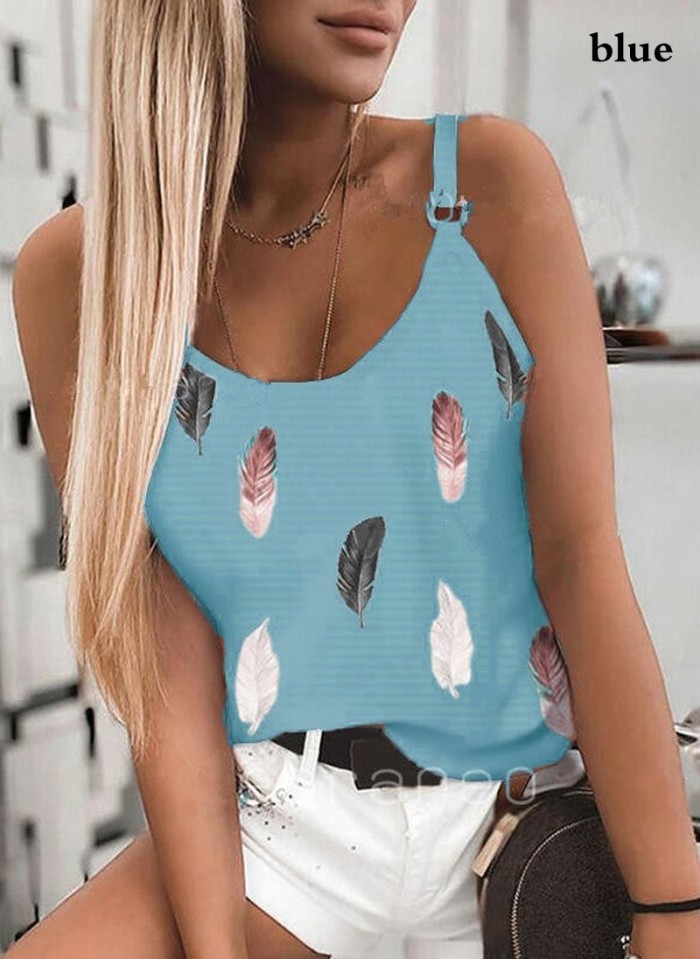 Fashionable T-shirt Casual Feather Print Sleeveless Camisole