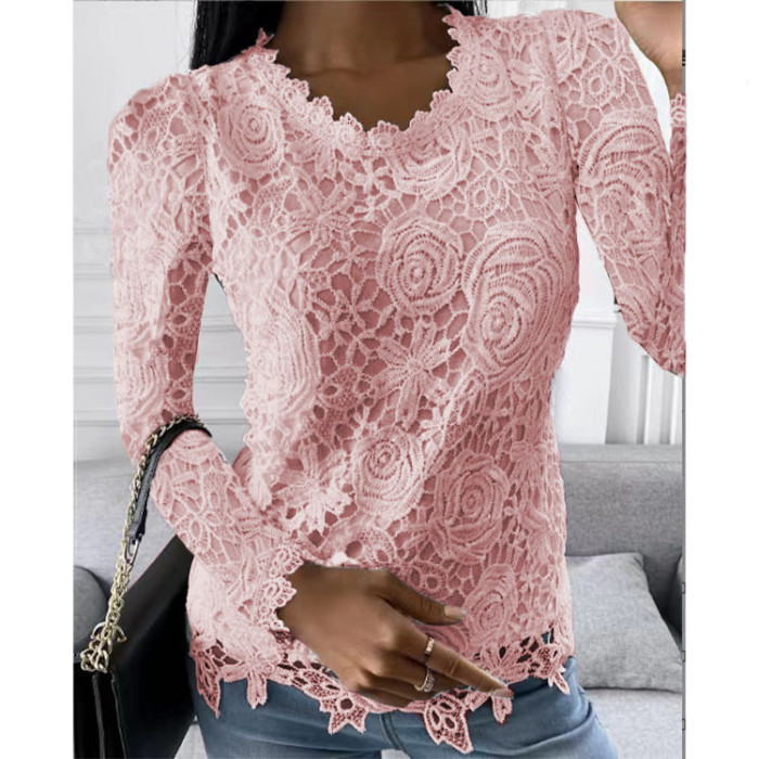 Fashion Casual Elegant Stitching Lace Long Sleeve Round Neck Solid Blouses