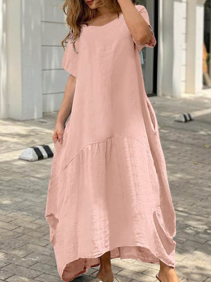 Fashion Cotton Linen Pocket Casual Solid Color O-Neck Loose Maxi Dress