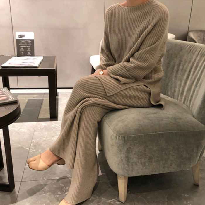 Fashion Knitted Sportswear Thick Warm Loose Wide Leg Pants Two-piece Outfits
