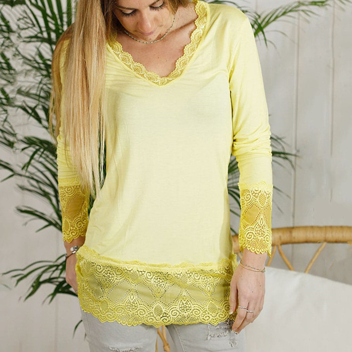 Fashion Elegant V Neck Lace Solid Color Long Sleeve Casual Loose  T-Shirts