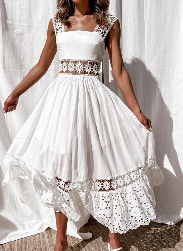 Fashion White Hollow Cotton Lace Sleeveless Party Elegant Maxi Dress
