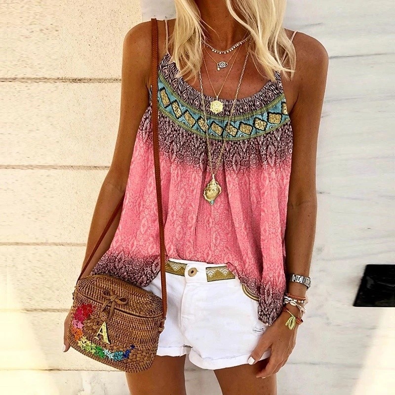 Fashion Casual Tank Top Loose Sleeveless Printed Beach  Blouses & Shirts