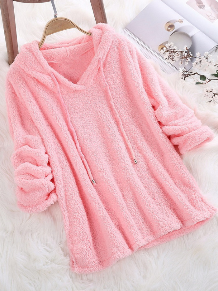 Fashion Solid Color Long Sleeve Plush Loose Hoodie Top