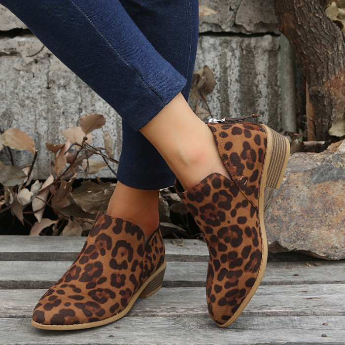 Trendy Leopard Print Round Toe Low Square Heel Casual Ankle Boots