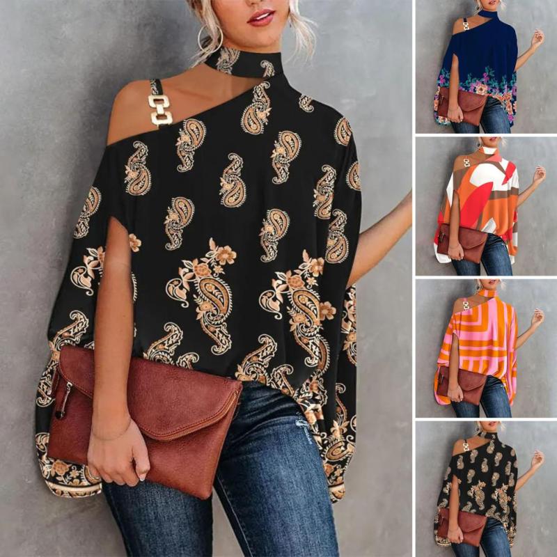 Fashion Halter Neck Dolman Sleeve Stand Collar Print Casual Loose  Blouses & Shirts