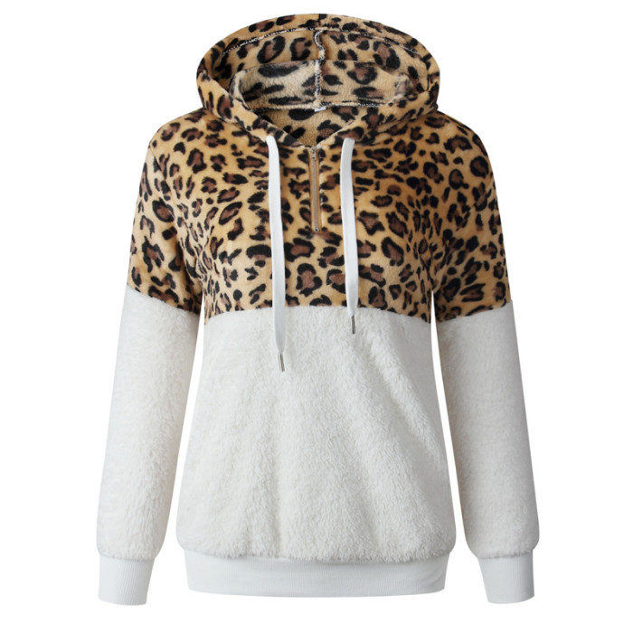 Relaxed Loose Plush Leopard Patch Sweatshirts