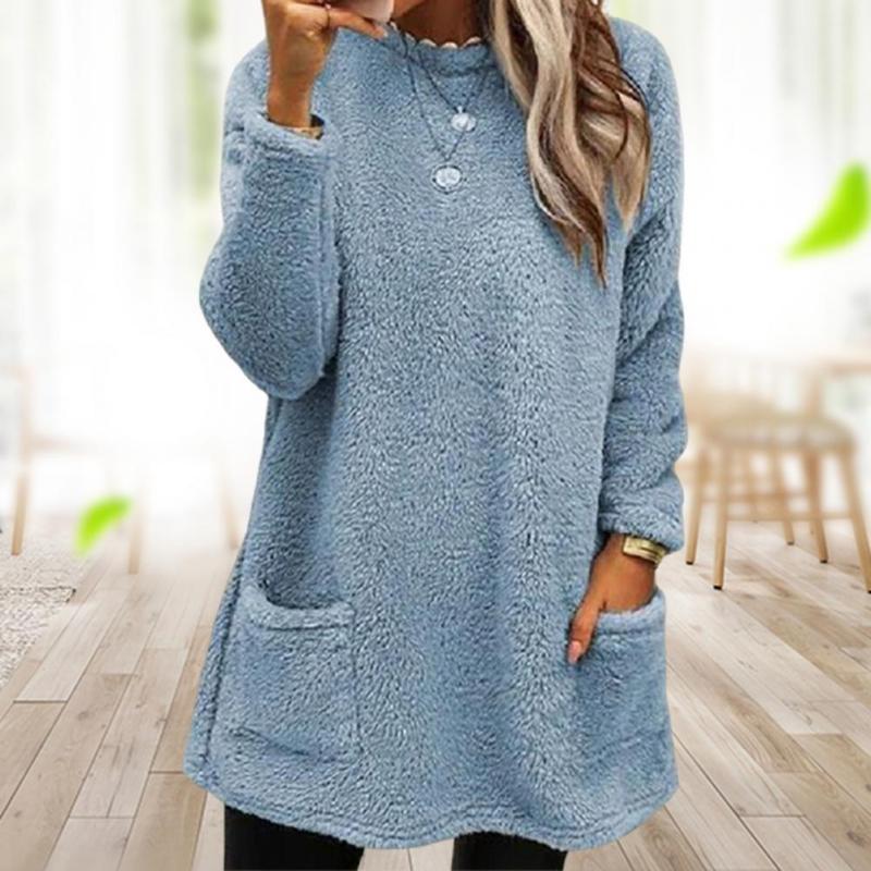 O-Neck Long Sleeve Pocket Women's Solid Color Loose Fleece  Sweatshirts Top