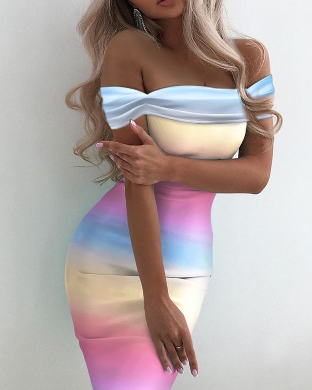 Trendy Gradient Rainbow Off-Shoulder Slant Neck Sheath Party Mini Bodycon Dress