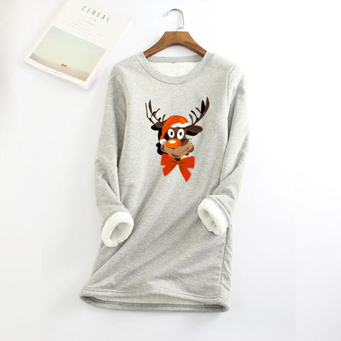Women's Padded Fleece Top Christmas Print O Neck Sweatshirt
