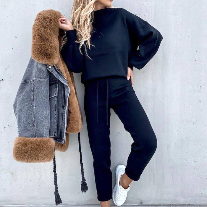 Fashion High Neck Casual Long Sleeve Solid Color Two-piece Set