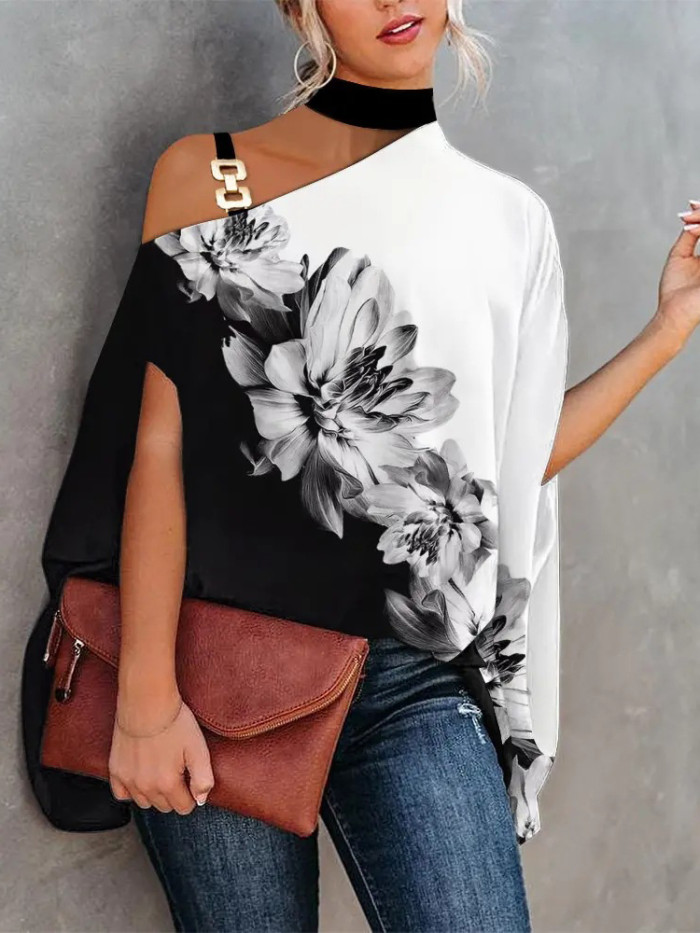 Elegant Loose Fashion Halter Neck Dolman Sleeve Lotus Print Blouses & Shirts