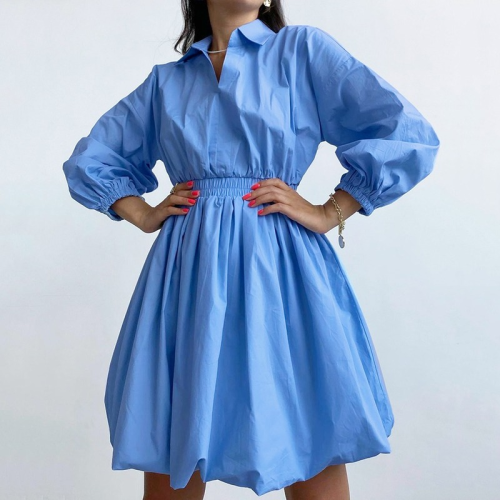 Fashion Solid Color Elegant High Waist Shirt Balloon Sleeves V Neck Gown Mini Dress