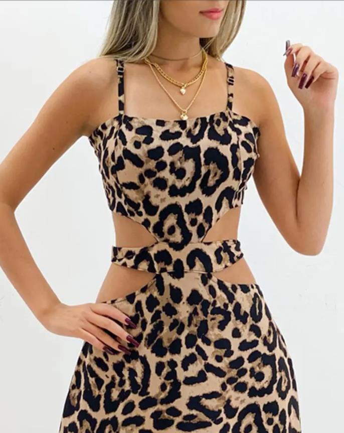 Hollow Fashion Sexy Sleeveless High Waist Casual Leopard Print  Maxi Dress