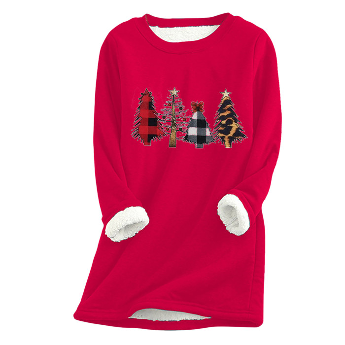 Women's Fleece Christmas Printing Velvet Warm Crew Neck Casual Sweatshirts