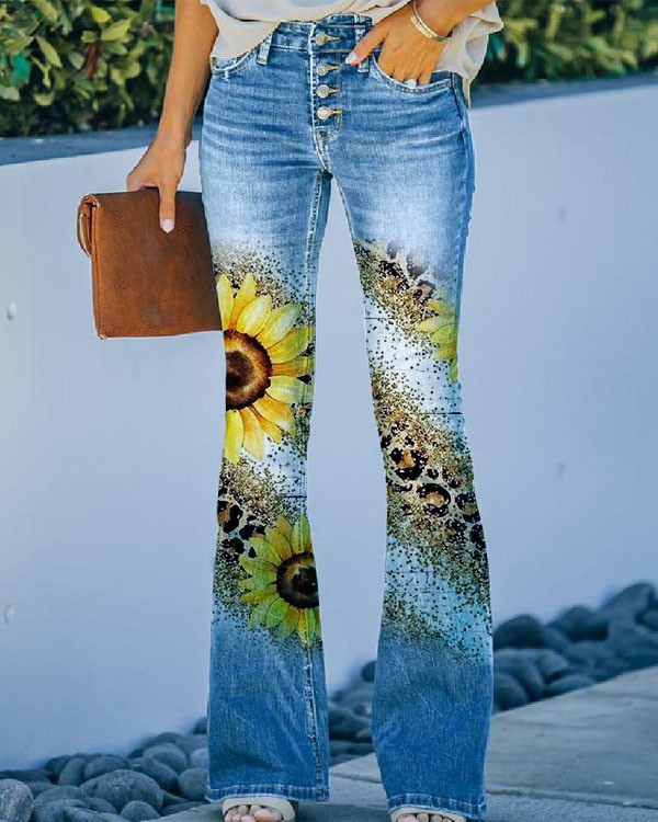 Sexy Women's Floral High Waist Stretch Casual Skinny Jeans