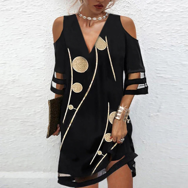 Fashion Loose V Neck Cutout Mesh Casual Lace Mini Dress