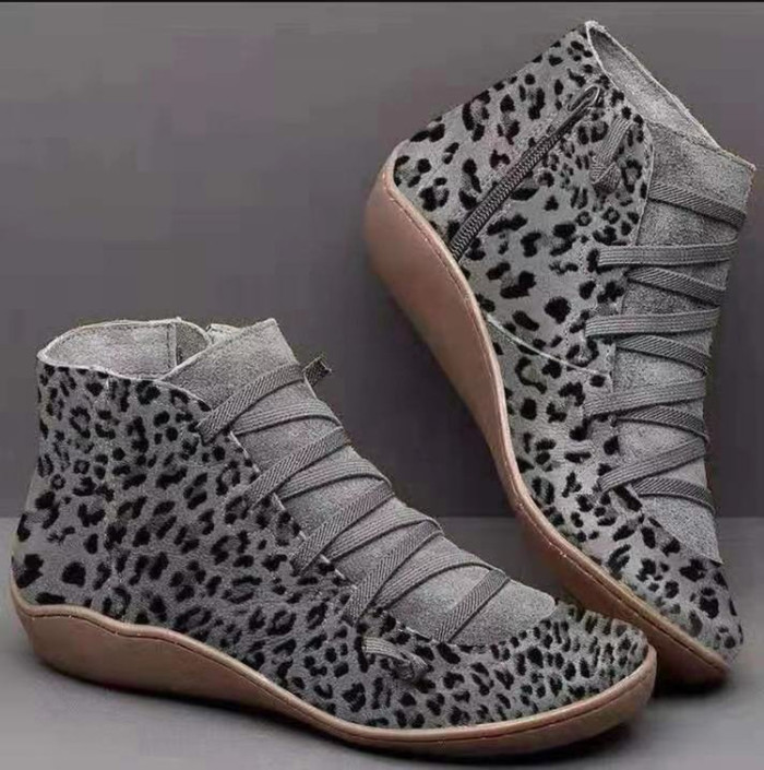 Women's Casual Boots Leopard Wedge Flat Warm Ankle Boots