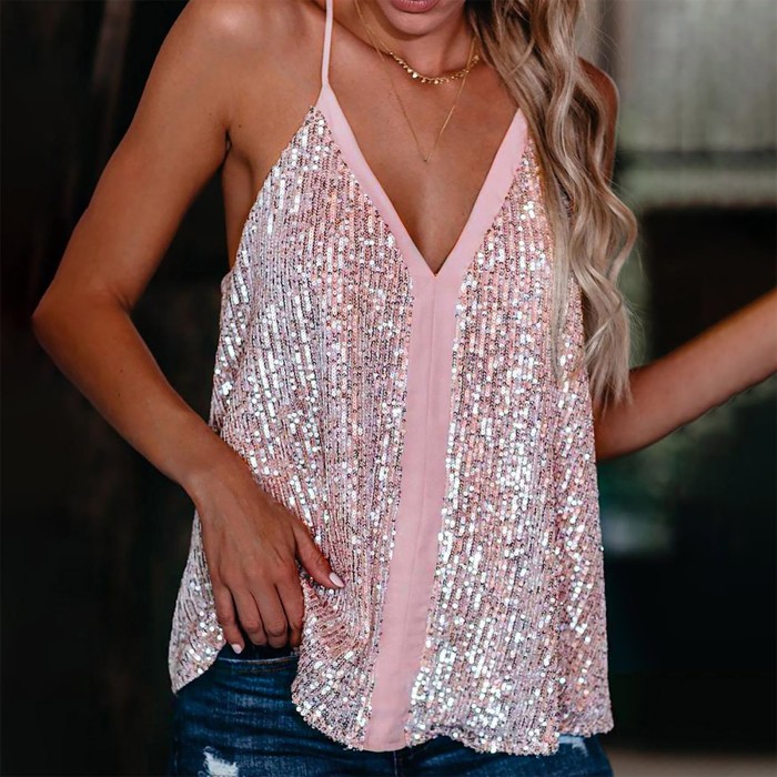 Sequin Sling Fashion V Neck Party Loose Casual Sleeveless Blouses