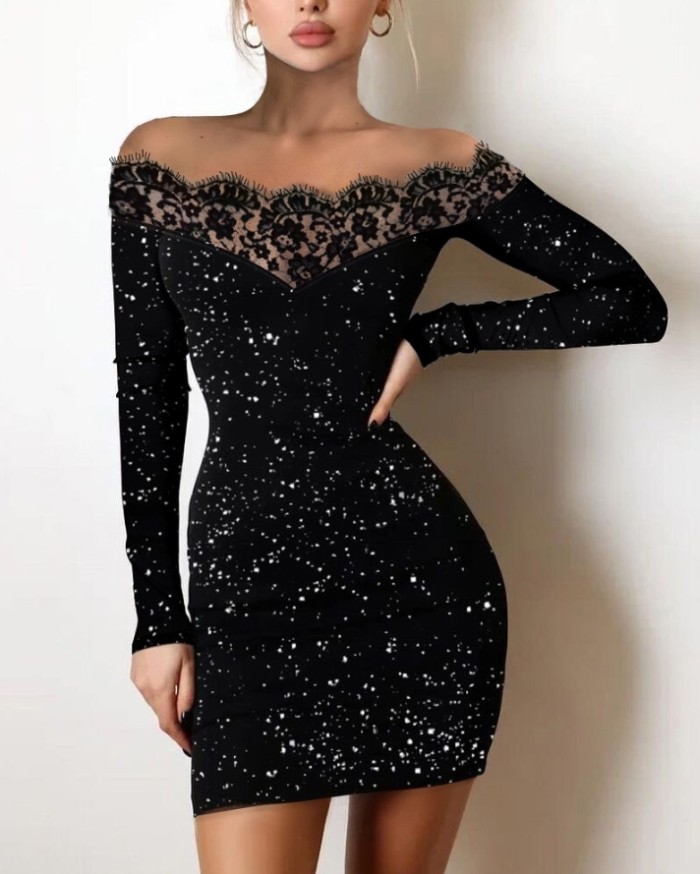 Sexy Party Sheer Black Off Shoulder Long Sleeve Lace Sequin Bodycon Mini Dress