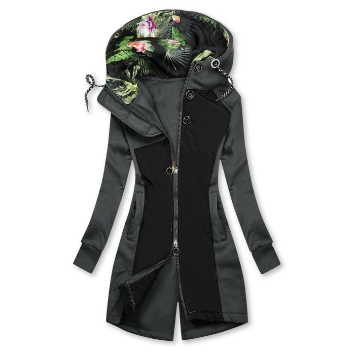 Women's Zipper Solid Color Panel Floral Pattern Hooded Pocket Jacket