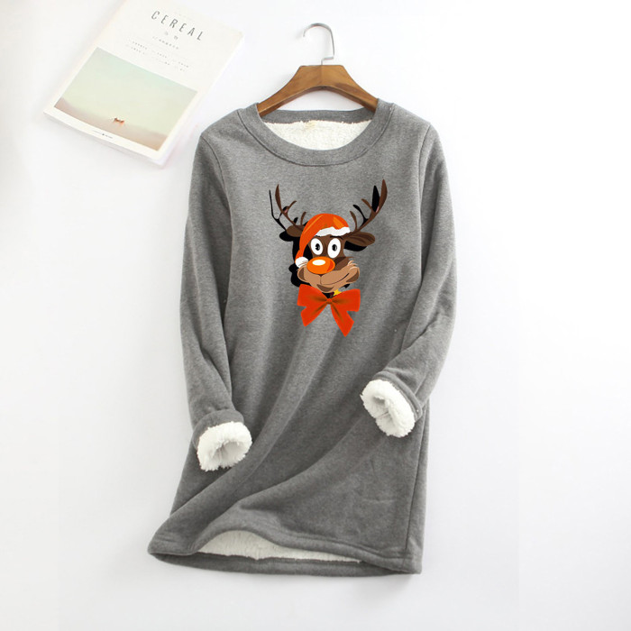 Women's Padded Fleece Top Christmas Print O Neck Sweatshirt