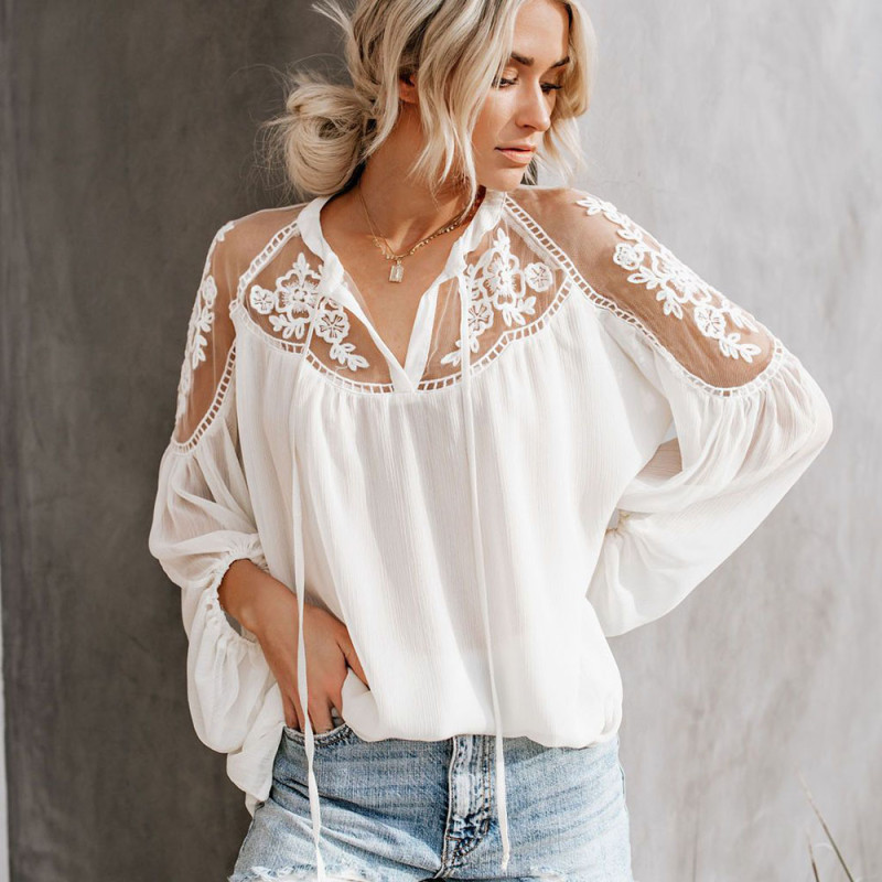 Fashion Solid Color Crochet Hollow Lace Sexy Long Sleeve Blouses