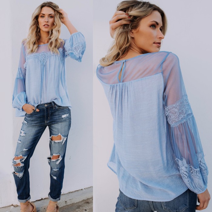 Fashion Solid Color Lantern Sleeves Long Sleeves Round Neck Casual Loose Blouses