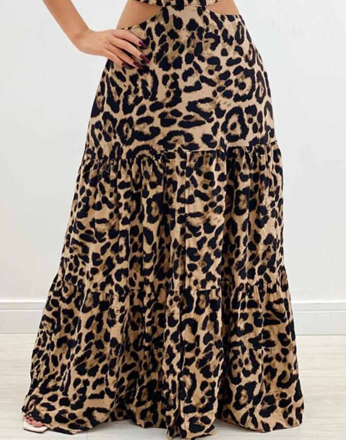 Hollow Fashion Sexy Sleeveless High Waist Casual Leopard Print  Maxi Dress