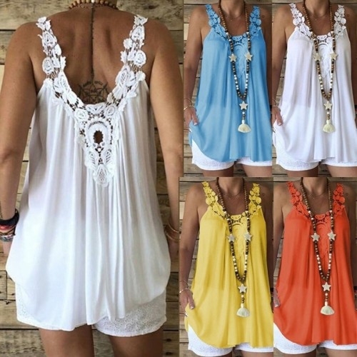Fashion Tops Loose Casual Solid Color Lace Sleeveless Blouses & Shirts